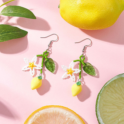 Серьги-подвески из стеклянного бисера ручной работы, с фурнитурой из лимонной смолы и бусинами в форме листьев лэмпворк и 304 крючками для сережек из нержавеющей стали, цвет нержавеющей стали