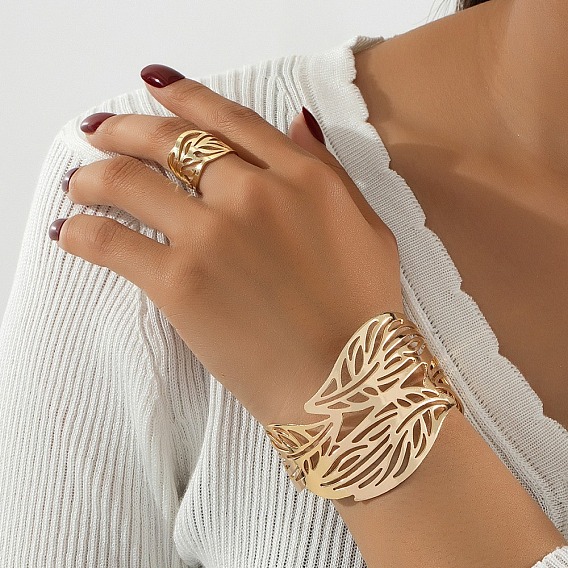 Браслеты-манжеты и наборы колец-манжет из сплава с полыми листьями