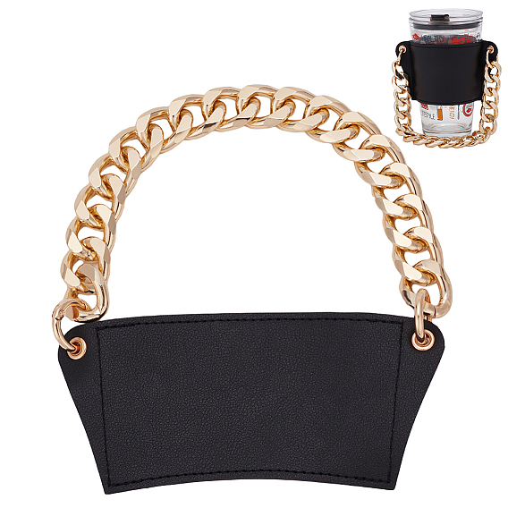 PU Leather Heat Resistant Reusable Cup Sleeve, with Removable Aluminum Handle Chain