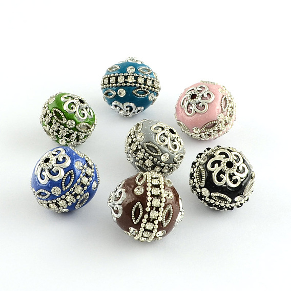 Runde handgemachte Klasse Strassperlen Indonesien, mit antikem Silber-Legierung Metall Farbe Kerne, 20 mm, Bohrung: 2 mm