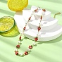 Brass Enamel Red Strawberry Link Chain Necklaces for Women, with Shell Pearl Beads