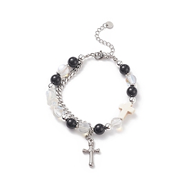 Bracelet en perles de pierres naturelles et synthétiques avec breloque croix, 304 bijoux en acier inoxydable pour hommes femmes