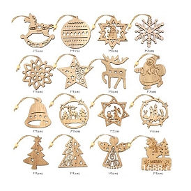 16Pcs 16 Style Christmas Unfinished Wood Cutouts Ornaments, with Hemp Rope, for Blank Crafts DIY Christmas Party Hanging Decoration Supplies