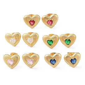 Rack Plating Brass with Cubic Zirconia Stud Earrings for Women, Cadmium Free & Lead Free, Long-Lasting Plated, Real 18K Gold Plated, Heart