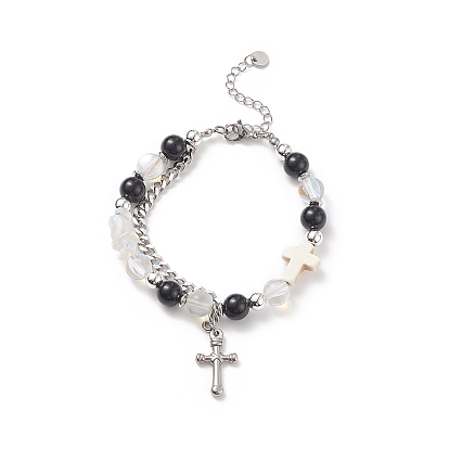 Natural & Synthetic Mixed Stone Beaded Bracelet with Cross Charm, 304 Stainless Steel Jewelry for Men Women