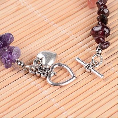 Gemstone Chip Beaded Anklets, with Alloy Toggle Clasps and Tibetan Style Alloy Heart Pendants, 250mm