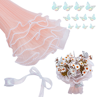 Плиссированная полиэстеровая сетка подарочная упаковка букет упаковка на день святого валентина, с 1 набором бумажных наклеек-бабочек и 1 рулоном лент из полиэстеровой органзы