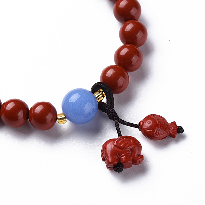 Elephant and Fish Cinnabar Mala Bead Bracelets, with Natural Blue Quartz Beads, Buddhist Jewelry, Stretch Bracelets