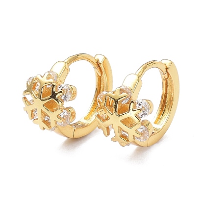 Brass Micro Pave Cubic Zirconia Hoop Earrings, Long-Lasting Plated, Snowflake, Cadmium Free & Lead Free