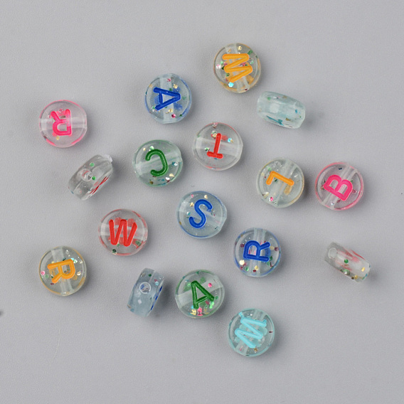 Transparente Acryl Perlen, horizontales Loch, mit Glitzerpulver & Emaille, flach rund mit Brief