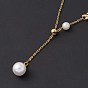 Plastic Pearl & Leaf Pendant Lariat Necklace, Ion Plating(IP) 304 Stainless Steel Jewelry for Women