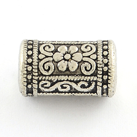Column with Flower Pattern Alloy Beads, Cadmium Free & Lead Free, Tibetan Style, 17x10mm, Hole: 2.5mm, about 140pcs/1000g