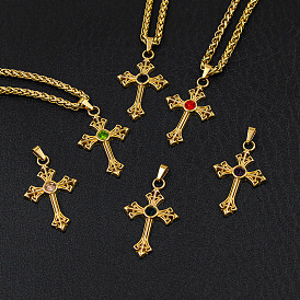 Stainless Steel Cross Inlaid Zircon Pendant Necklace Stainless Steel Flower Basket Design Sense Clavicle Chain