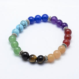 Natural/Synthetic Mixed Stone Beads Stretch Bracelets, Yoga Chakra Jewelry, with Tibetan Style Alloy Findings, Round