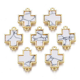 Brass Connector Charms, with Synthetic Stone, Cadmium Free & Nickel Free & Lead Free, Real 18K Gold Plated, Cross
