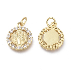 Brass Micro Pave Clear Cubic Zirconia Charms, with Jump Rings, Long-Lasting Plated, Flat Round with Jesus