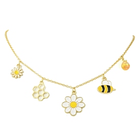 Flower & Bees & Honeycomb Alloy & Glass Pendant Necklaces, Brass Cable Chain Necklaces