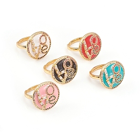 Valentine's Day Theme Adjustable Brass Cubic Zirconia Rings, with Enamel, Flat Round with "LOVE"