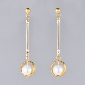 Dangle Stud Earrings, with Glass Pearl Beads, 304 Stainless Steel Stud Earring Findings and Brass Findings