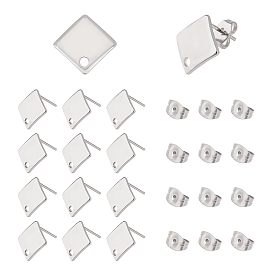 304 Stainless Steel Stud Earring Findings, with Loop and Ear Nuts, Rhombus