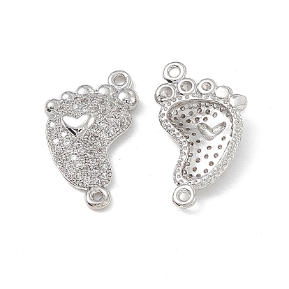 Brass Micro Pave Clear Cubic Zirconia Connector Charms, Footprint Links with Heart