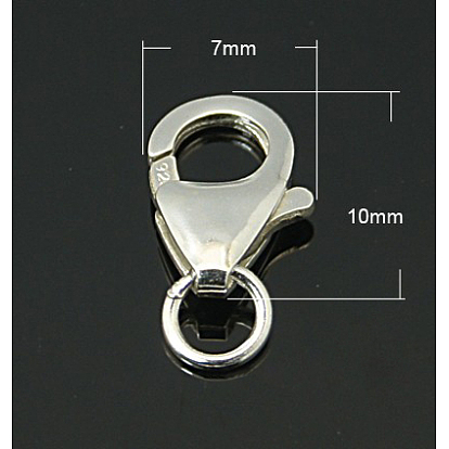 925 стерлингового серебра застежкой омар коготь, с прыжковых колец, 10x7x2.5 мм, отверстие : 3 мм
