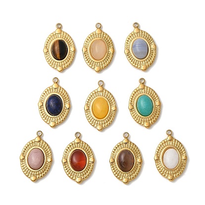 Природные каменные смешанные подвески, овальные амулеты, с 304 установками из нержавеющей стали, ионное покрытие (ip), смешанные окрашенные и неокрашенные