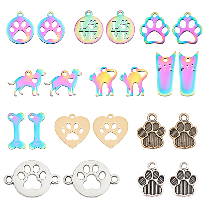 Pendants Sets, Including 22Pcs 11 Style Ion Plating(IP) 201 Stainless Steel & Tibetan Style Alloy Pendant & Links Connectors