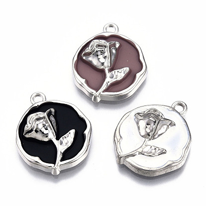 Rack Plating Alloy Enamel Pendants, Cadmium Free & Lead Free, Flat Round with Rose