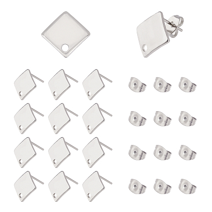 304 Stainless Steel Stud Earring Findings, with Loop and Ear Nuts, Rhombus