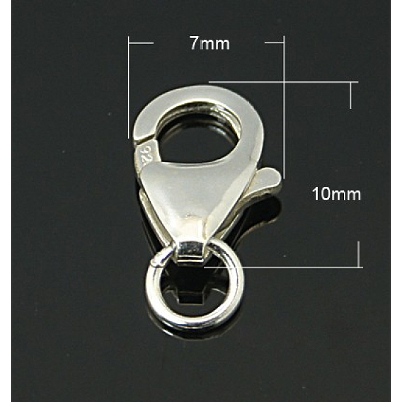 925 стерлингового серебра застежкой омар коготь, с прыжковых колец, 10x7x2.5 мм, отверстие : 3 мм