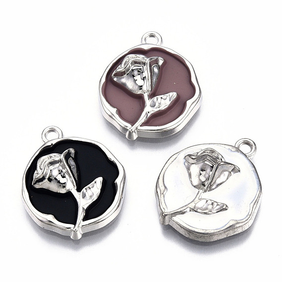 Rack Plating Alloy Enamel Pendants, Cadmium Free & Lead Free, Flat Round with Rose