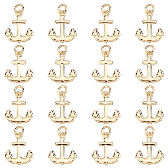 16Pcs Brass Pendants, with Jump Ring, Anchor Charms, Lead Free & Cadmium Free, Long-Lasting Plated, Rack Plating