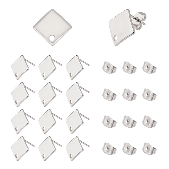 304 Stainless Steel Stud Earring Findings, with Loop and Ear Nuts, Rhombus