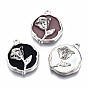 Rack Plating Alloy Enamel Pendants, Cadmium Free & Lead Free, Flat Round with Rose