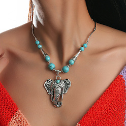  Retro Tibetan Silver Ethnic Style Turquoise Elephant Pendant Necklace