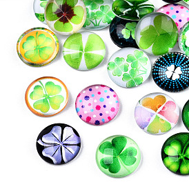 Printed Glass Cabochons, for DIY Jewelry Making, Half Round with Clover Patterns