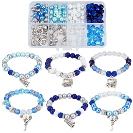 Наборы для изготовления браслетов своими руками, включая стеклянные жемчужины, стекло, сплав, полимерную глину, стразы и латунные стразы-разделители, латунное кольцо прыжка, подвески из сплава и эластичная хрустальная нить