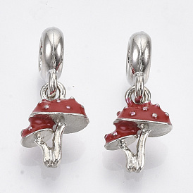 Alloy European Dangle Charms, with Enamel, Large Hole Pendants, Mushroom, Red