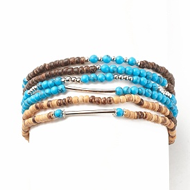Ensemble de bracelets de cheville extensibles en perles de noix de coco naturelle et turquoise synthétique de style pcs 6 avec tube en laiton, bracelets de cheville d'été empilables pour femmes