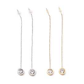 Crystal Rhinestone Flat Round Long Dangle Stud Earrings, 304 Stainless Steel Ear Thread for Women