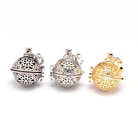 Rack Plating Brass Hollow Round with Flower Cage Pendants, For Chime Ball Pendant Necklaces Making, 27.5x25x22mm, Hole: 9x3.5mm