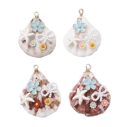 Подвески-бантики из натуральной ракушки гребешка, цветка из смолы и искусственного жемчуга из АБС-пластика, с петлями из медной проволоки