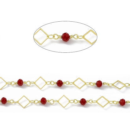 Handmade Brass Rhombus Link Chains, with Red Glass Beaded, Soldered, with Spool