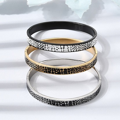 304 Brazaletes articulados de acero inoxidable con esmalte negro y estampado de piel de animal para mujer, revestimiento de iones (ip)