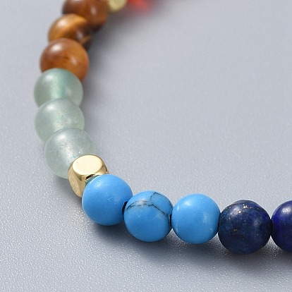 Adjustable Nylon Thread Braided Beads Bracelets, with Natural & Synthetic Mixed Gemstone Round Beads and Brass Cube Beads