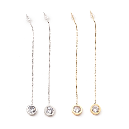 Crystal Rhinestone Flat Round Long Dangle Stud Earrings, 304 Stainless Steel Ear Thread for Women