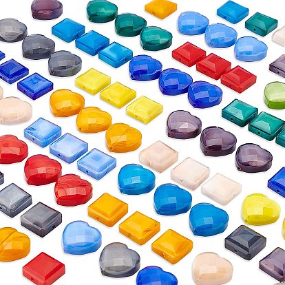 84Pcs 2 Styles Opaque Solid Color Glass Beads, Imitation Jade, Faceted Heart & Square
