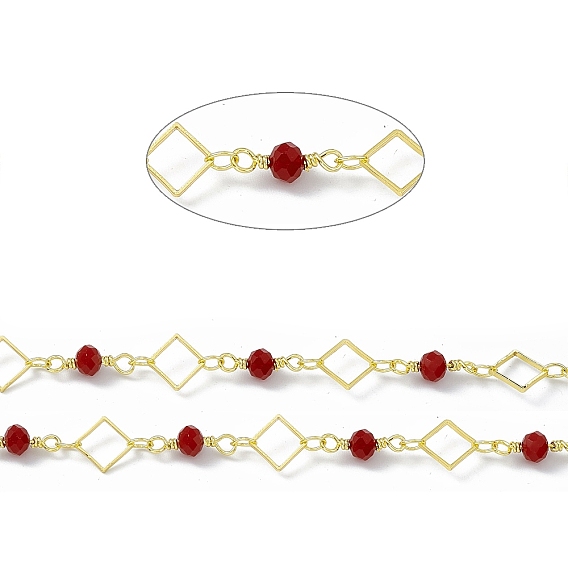 Handmade Brass Rhombus Link Chains, with Red Glass Beaded, Soldered, with Spool