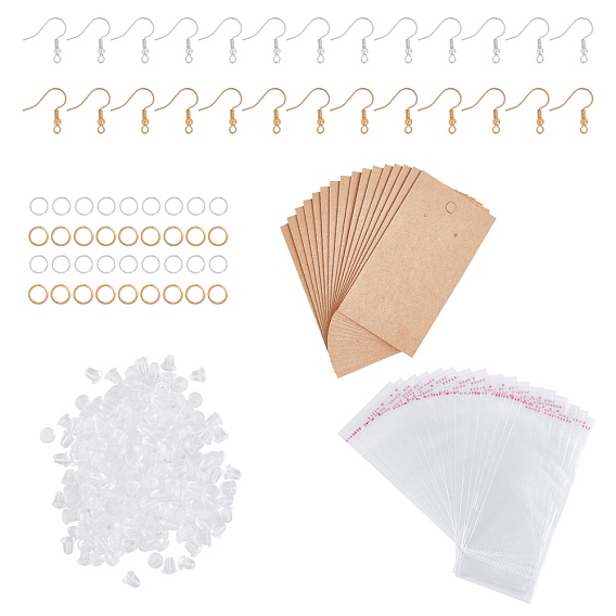 Iron Earring Hooks, Ear Wire, with Jump Ring, Plastic Ear Nuts, OPP Cellophane Bags and Paper Display Cards